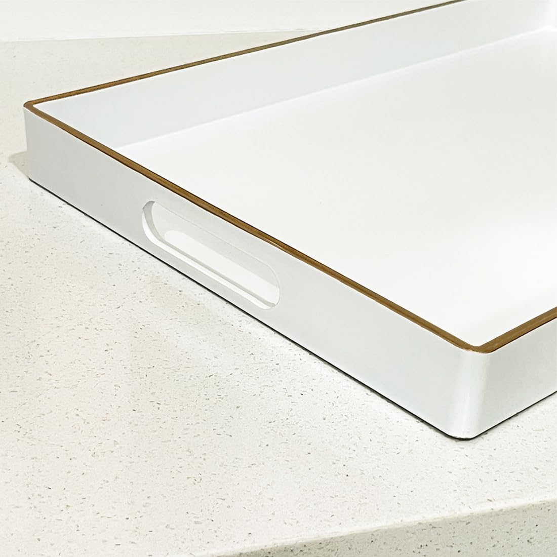 Large White Rectangular Decorative Tray – Plastic Serving Tray with Handles for Coffee Table