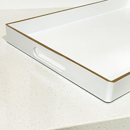 Large White Rectangular Decorative Tray – Plastic Serving Tray with Handles for Coffee Table