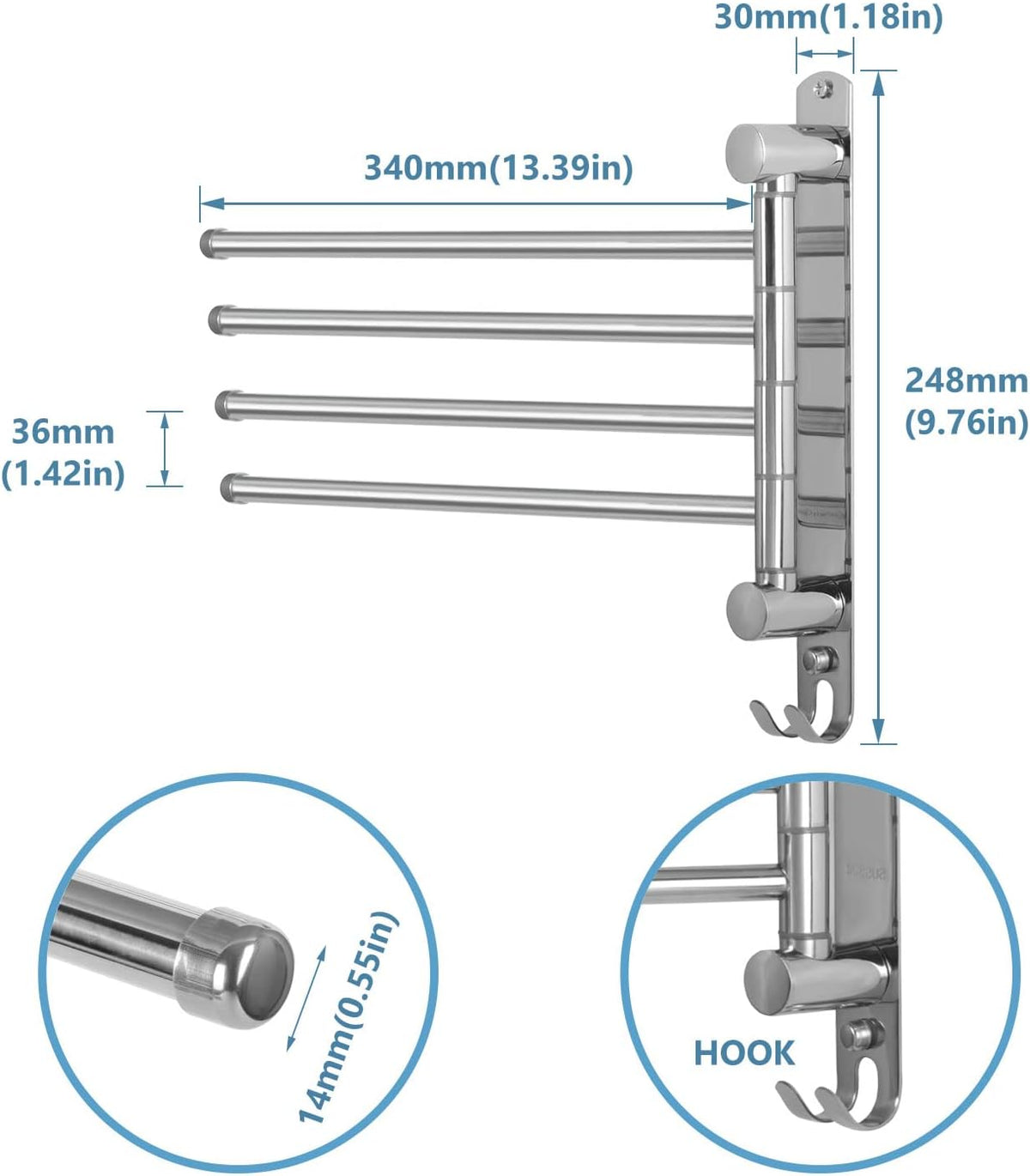Bathroom Towel Rack JSVER 4 Arms Swivel Towel Holder, Towel Bar Wall Mounted, SUS304 Stainless
