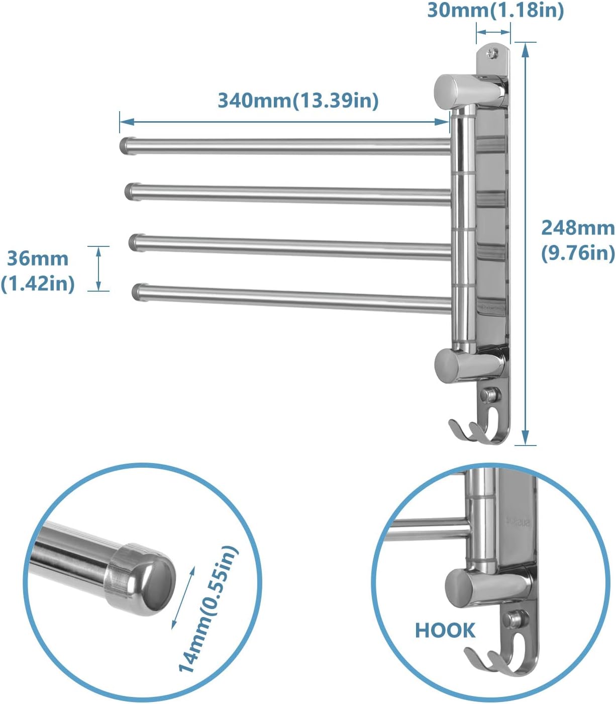 Bathroom Towel Rack JSVER 4 Arms Swivel Towel Holder, Towel Bar Wall Mounted, SUS304 Stainless