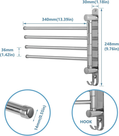 Bathroom Towel Rack JSVER 4 Arms Swivel Towel Holder, Towel Bar Wall Mounted, SUS304 Stainless