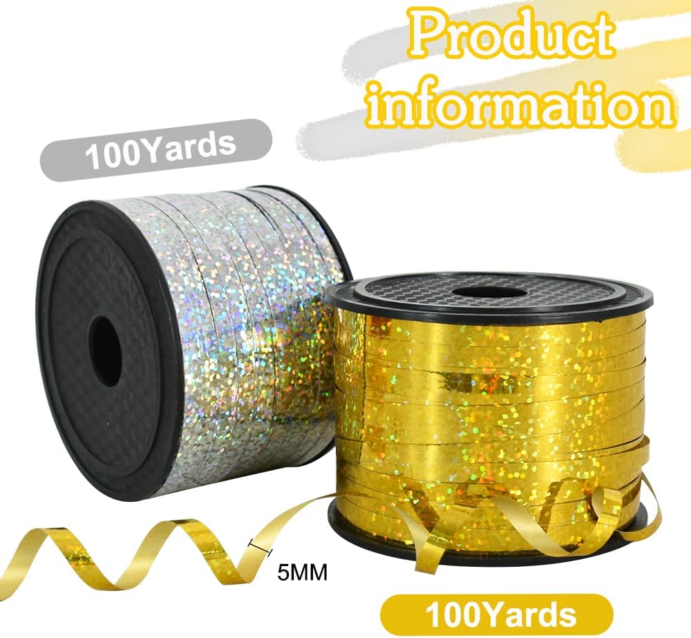 BEISHIDA 2 Pack 100 Yards Gold Silver Glitter Ribbon Balloon String Shiny Metallic for Gift