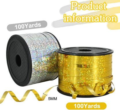 BEISHIDA 2 Pack 100 Yards Gold Silver Glitter Ribbon Balloon String Shiny Metallic for Gift