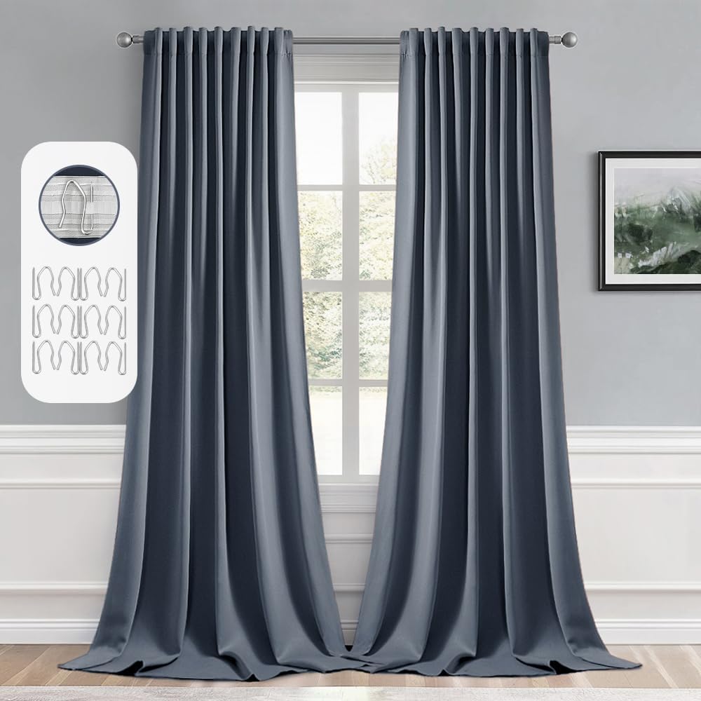 MIULEE Stone Blue Back Tab Blackout Curtains 120 Inch Long 2 Panels Set for Bedroom, Rod