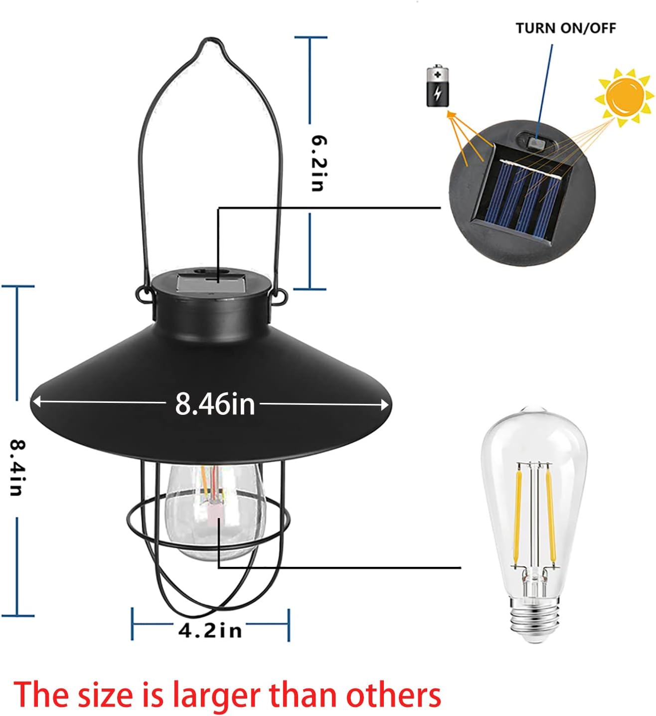 pearlstar Solar Lantern Outdoor Hanging Light Metal Solar Lamp with Warm White Edison Bulb Design