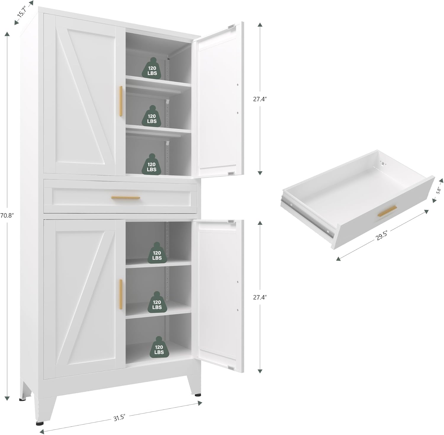 71 "Farmhouse Metal Filing Cabinet with a Drawer and 4 Adjustable Shelves, with 4 Large barn Door