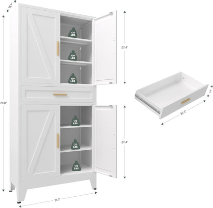 71 "Farmhouse Metal Filing Cabinet with a Drawer and 4 Adjustable Shelves, with 4 Large barn Door