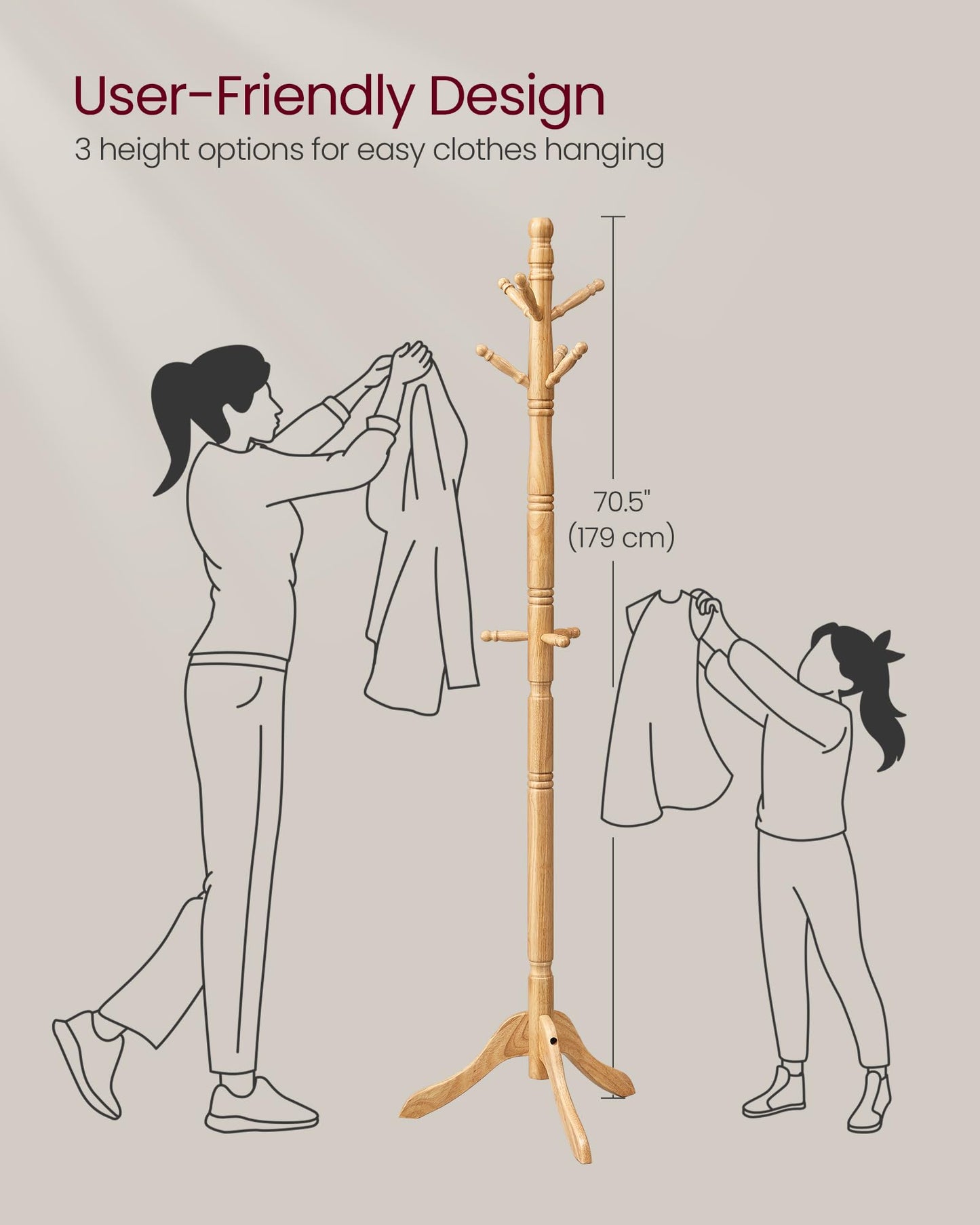 VASAGLE Solid Wood Coat Rack and Stand, Free Standing Hall Coat Tree with 10 Hooks for Hats, Bags