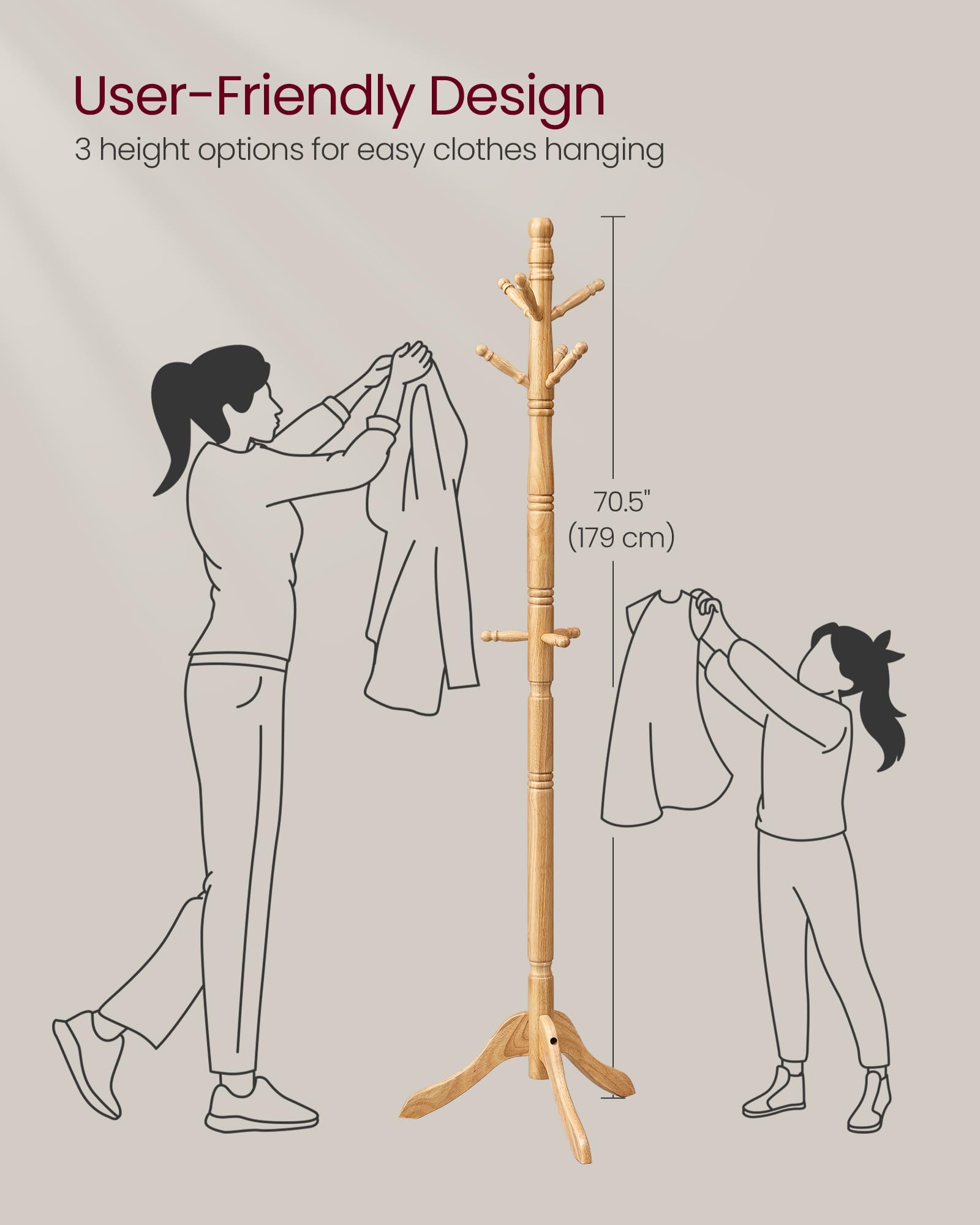 VASAGLE Solid Wood Coat Rack and Stand, Free Standing Hall Coat Tree with 10 Hooks for Hats, Bags