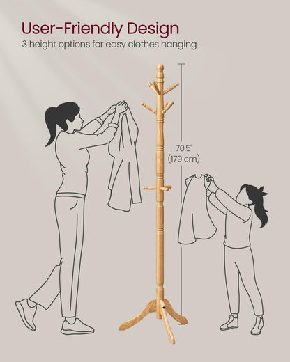 VASAGLE Solid Wood Coat Rack and Stand, Free Standing Hall Coat Tree with 10 Hooks for Hats, Bags
