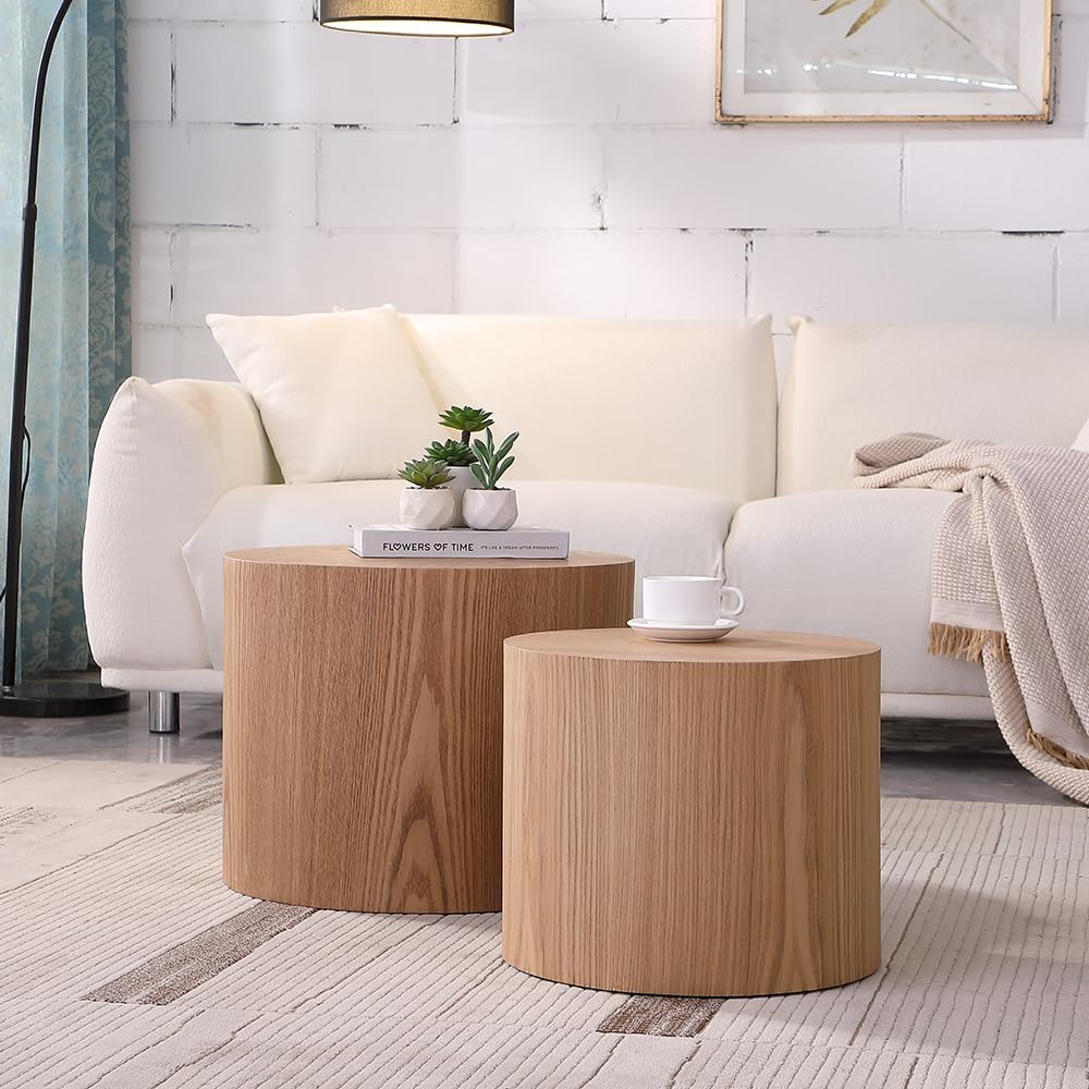 WILLIAMSPACE 18.9" Round Nesting Coffee Table Set of 2, Modern Wooden Coffee Tables Circle Side