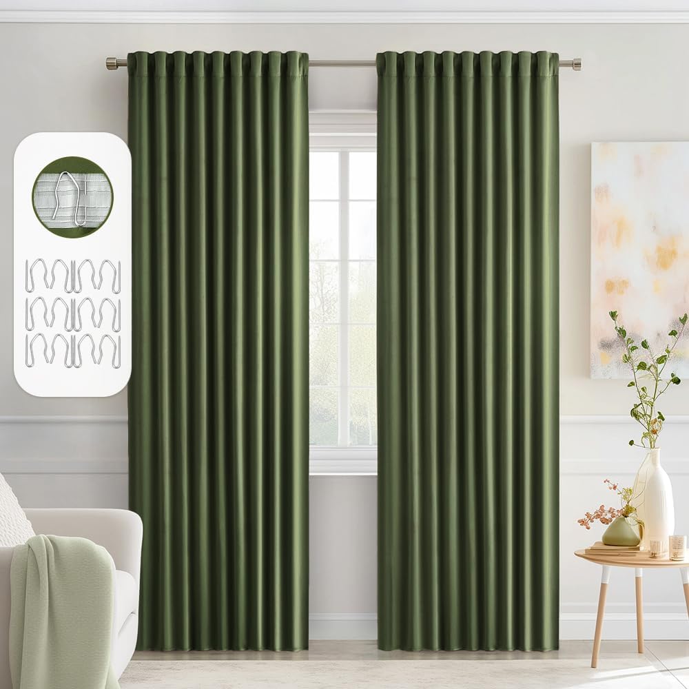 MIULEE Olive Green Back Tab Blackout Curtains 84 Inch Length 2 Panels Set for Living Room Bedroom