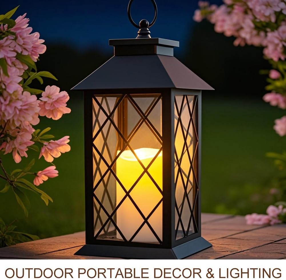 Bright Zeal 2-Pack 13.5" Vintage Candle Lantern with LED Pillar Candle (Black, 6hr Timer) - IP44