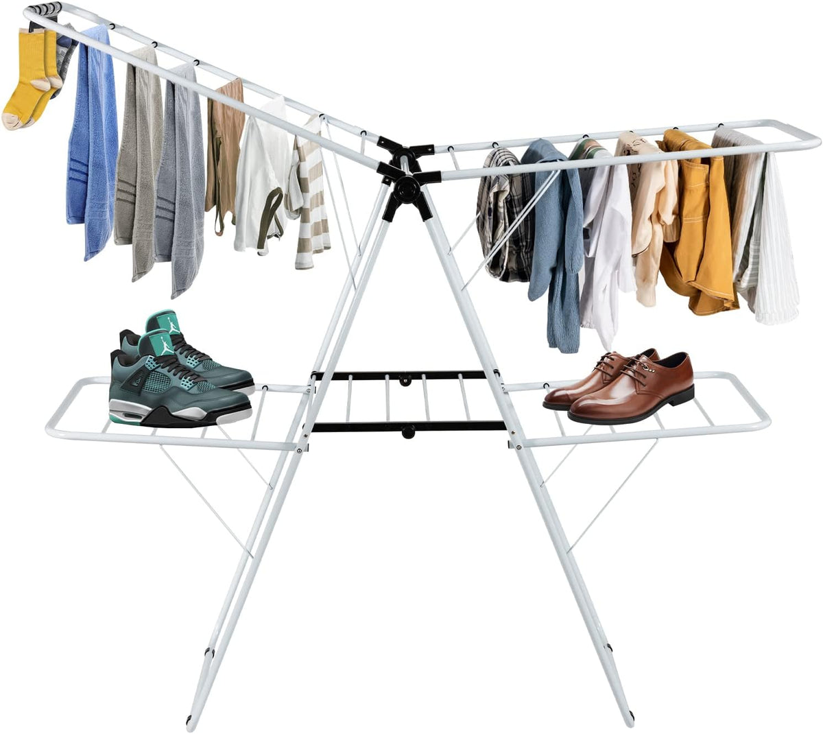 COSTWAY Clothes Drying Rack, Foldable 2-Level Laundry Drying Rack w/Height-Adjustable Wings, 33