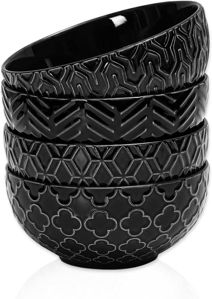 Sureasy Ceramic Cereal Bowls Set of 4, 5.9 Inch Deep Soup Bowls for Kitchen, 25 oz Embossed