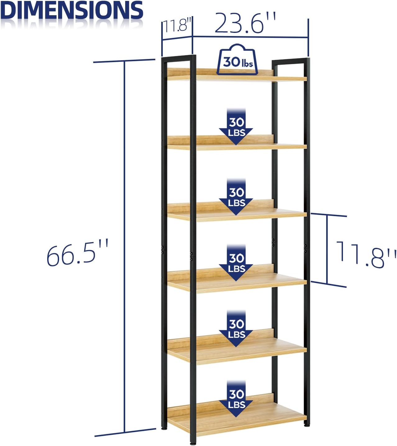 NUMENN Bookshelf, 6 Tier Bookshelves, Home Office Bookcase Shelf Storage Organizer, Free Standing