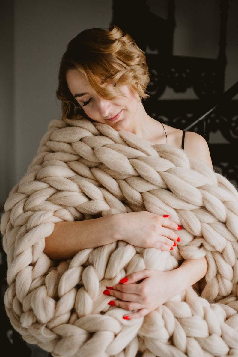 Chunky Knitted Throw Blanket, Handmade Knit Blanket Throw for Sofa, Bed, Gift - Camel 40"x40"