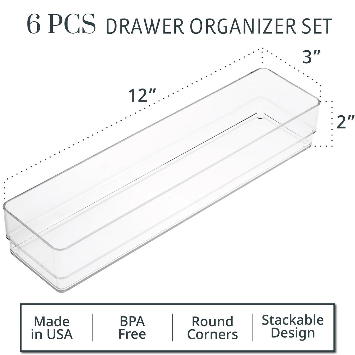 STORi SimpleSort 6-Piece Stackable Clear Drawer Organizer Set | 12" x 3" x 2" Rectangle Trays |