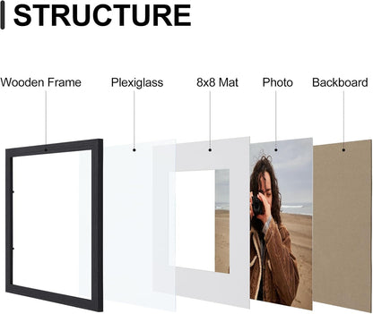 Vittanly 12x12 Picture Frames Set of 9, Shatter Resistant Plexiglass, Display 8x8 Pictures with Mat
