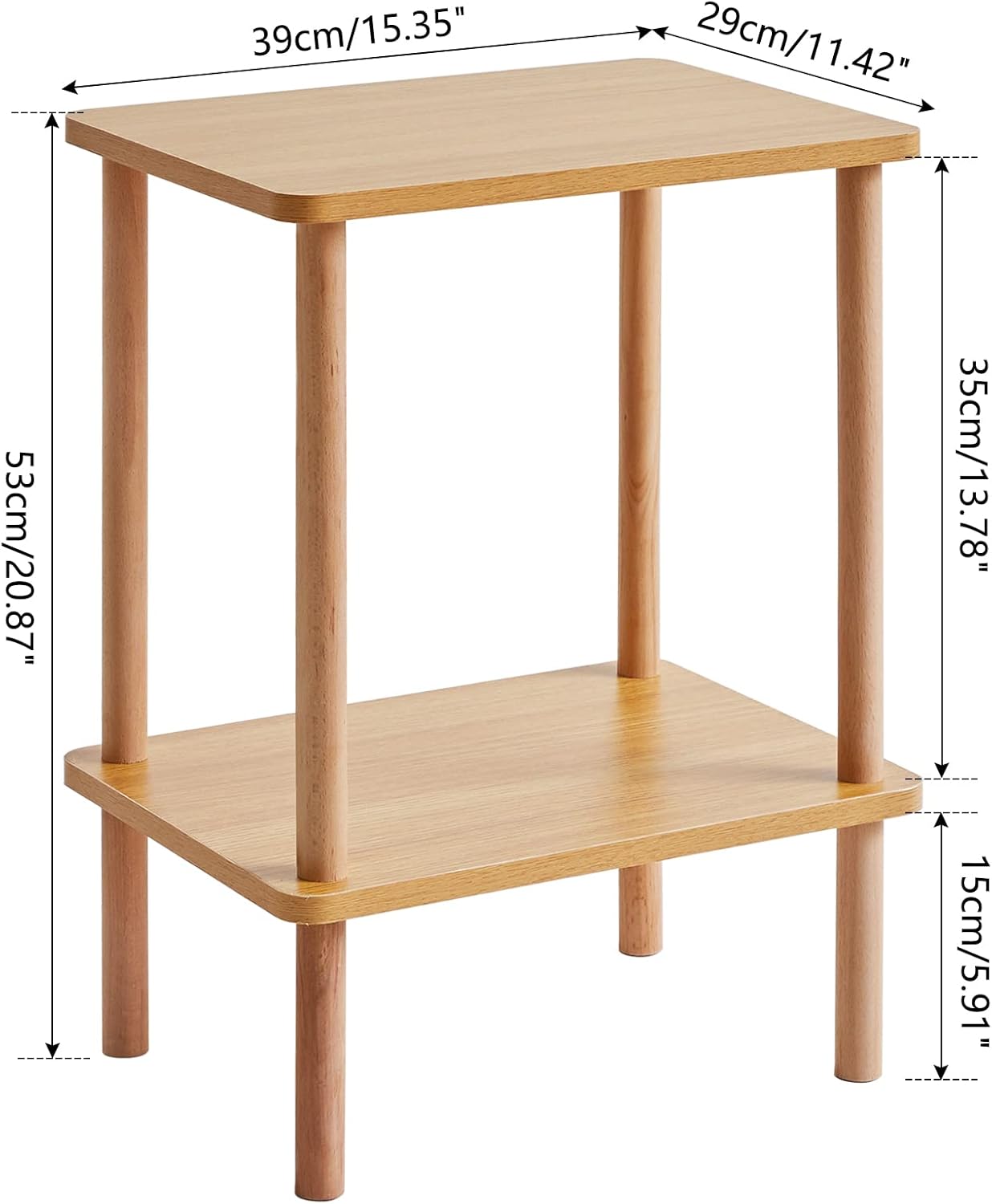 IBUYKE 2-Tier Side Table, Solid Wood Tall End Table with Storage Shelves, Nightstand Bedside Table