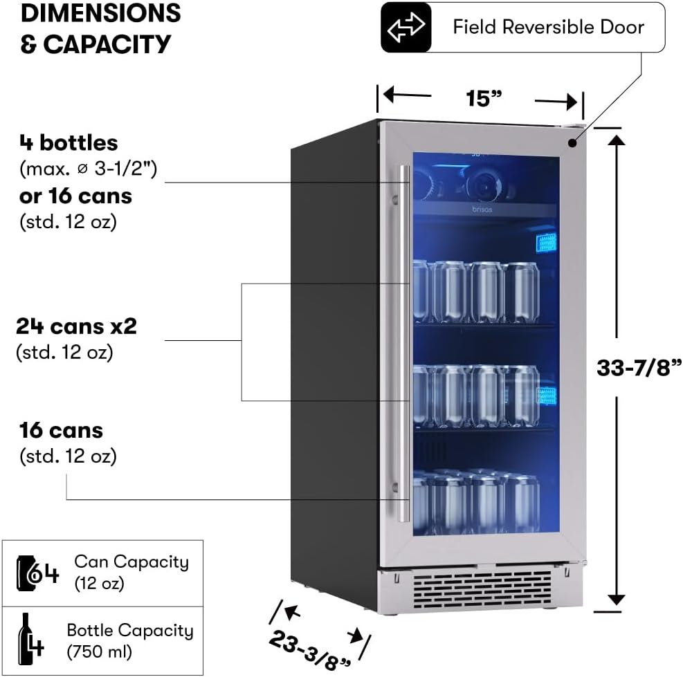 Zephyr Brisas 15 Inch Slim Beverage Fridge Single Zone Under Counter - Narrow Mini Wine & Drink