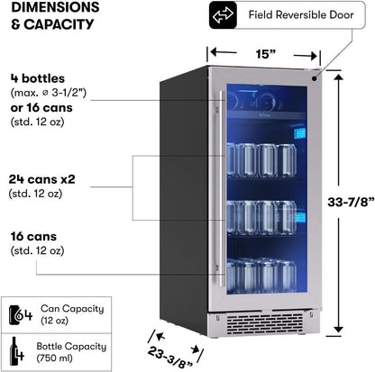 Zephyr Brisas 15 Inch Slim Beverage Fridge Single Zone Under Counter - Narrow Mini Wine & Drink
