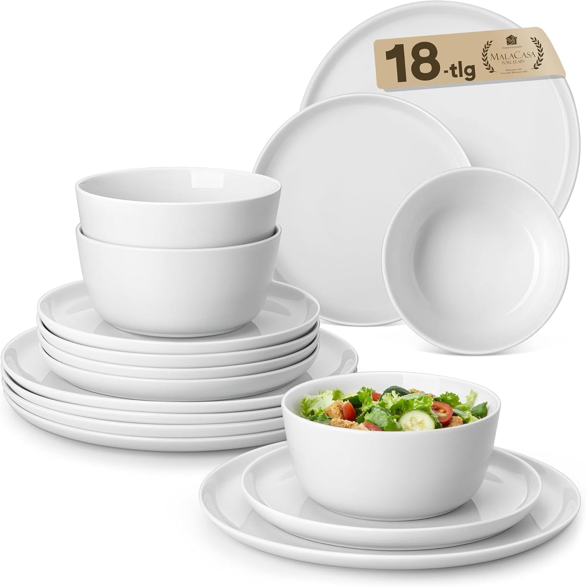 MALACASA 18 Pieces Gourmet Porcelain Dinnerware Sets, Premium Plates and Bowls Set, High-Fired