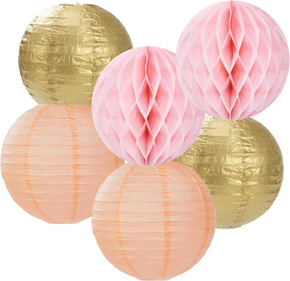 Pink Peach Gold Party Decorations - 14pcs Bridal Baby Shower Girls Birthday Paper Lanterns