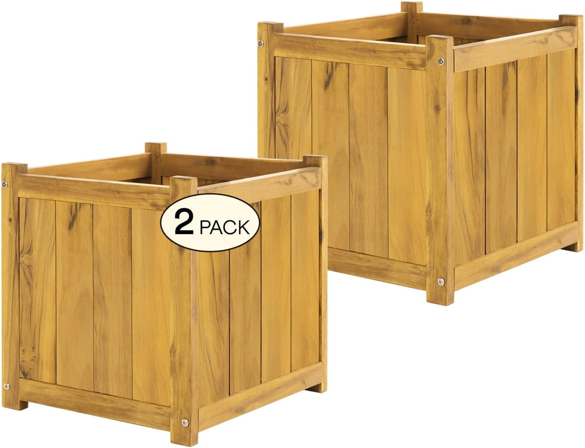 IDZO Set of 2 Acacia Wood Flower Planters for Outdoor Plants, Ergonomic Handles, Drainage Holes