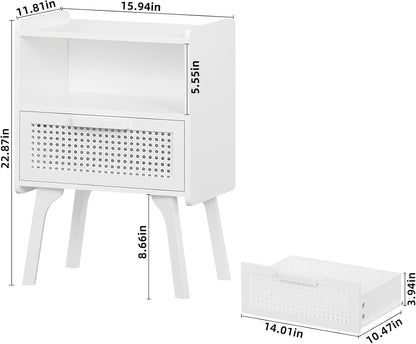 Lerliuo Rattan Nightstand, Side Table with Drawer Open Shelf, Cane Accent Bedside End Table with