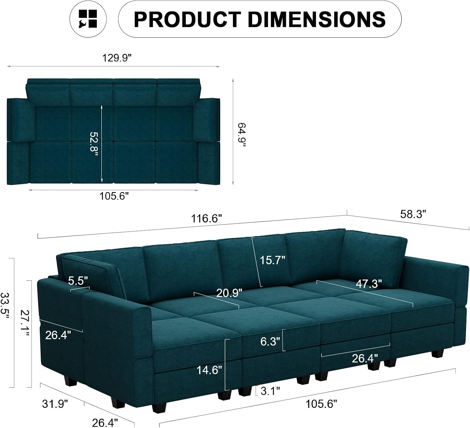 Belffin Modular Sectional Sleeper Sofa Bed Convertible Sectional Couches for Living Room. Peacock