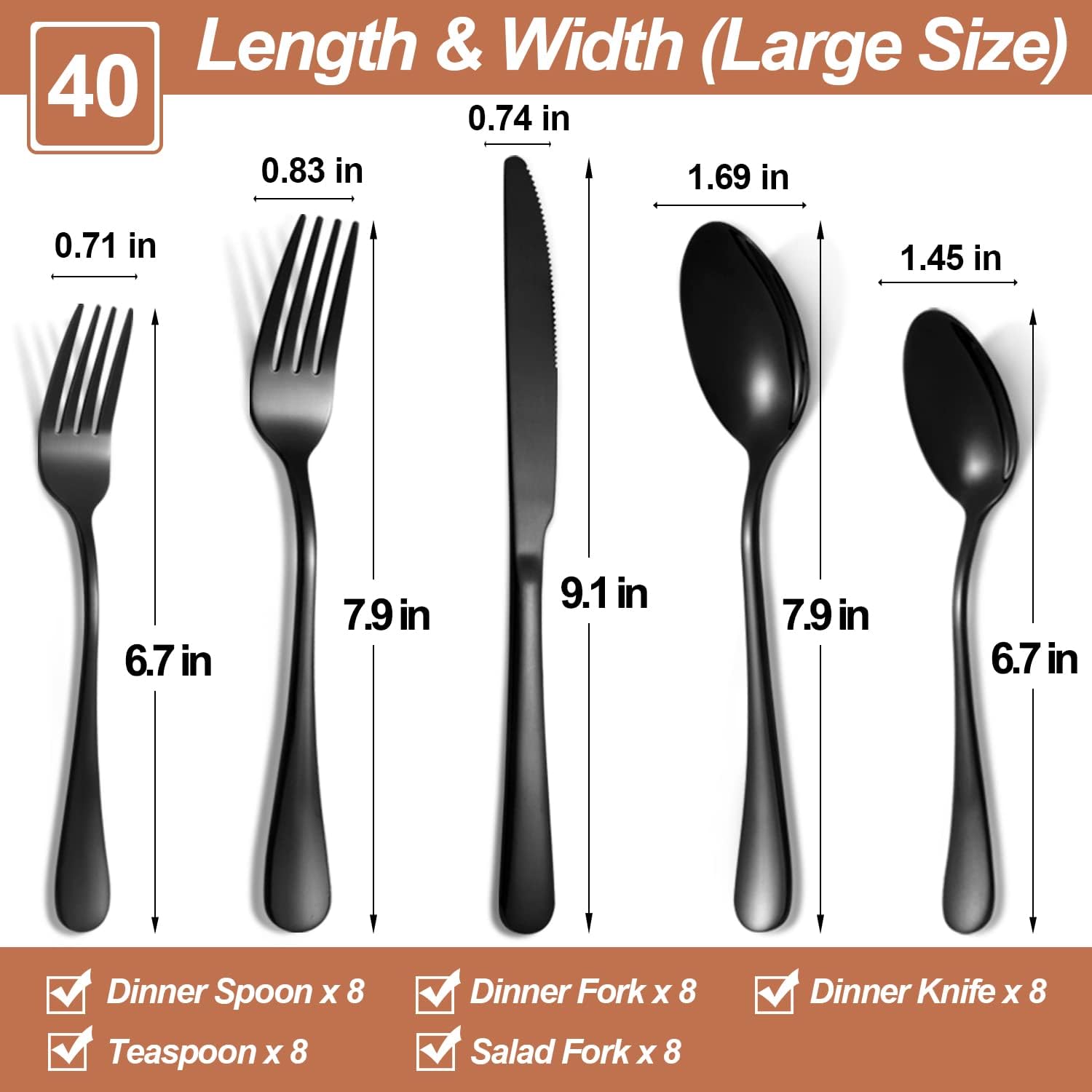 Lazycorner 40 Pcs Black Silverware Set for 8, Mirror Polished Flatware Set Stainless Steel Fork