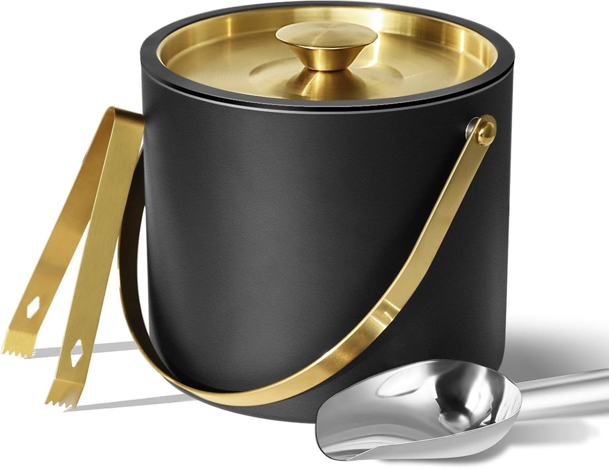 3L Ice Bucket with Silicone Lid, Scoop, Gold Tongs & Strainer, Stainless Steel Double Wall