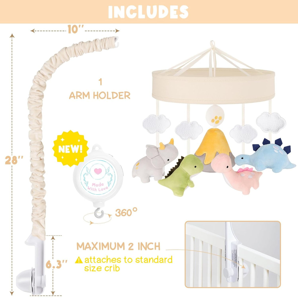 Dinosaur Crib Mobile – Beige Dino Baby Crib Mobile with 3-Mode Music Box, Nursery Mobile with