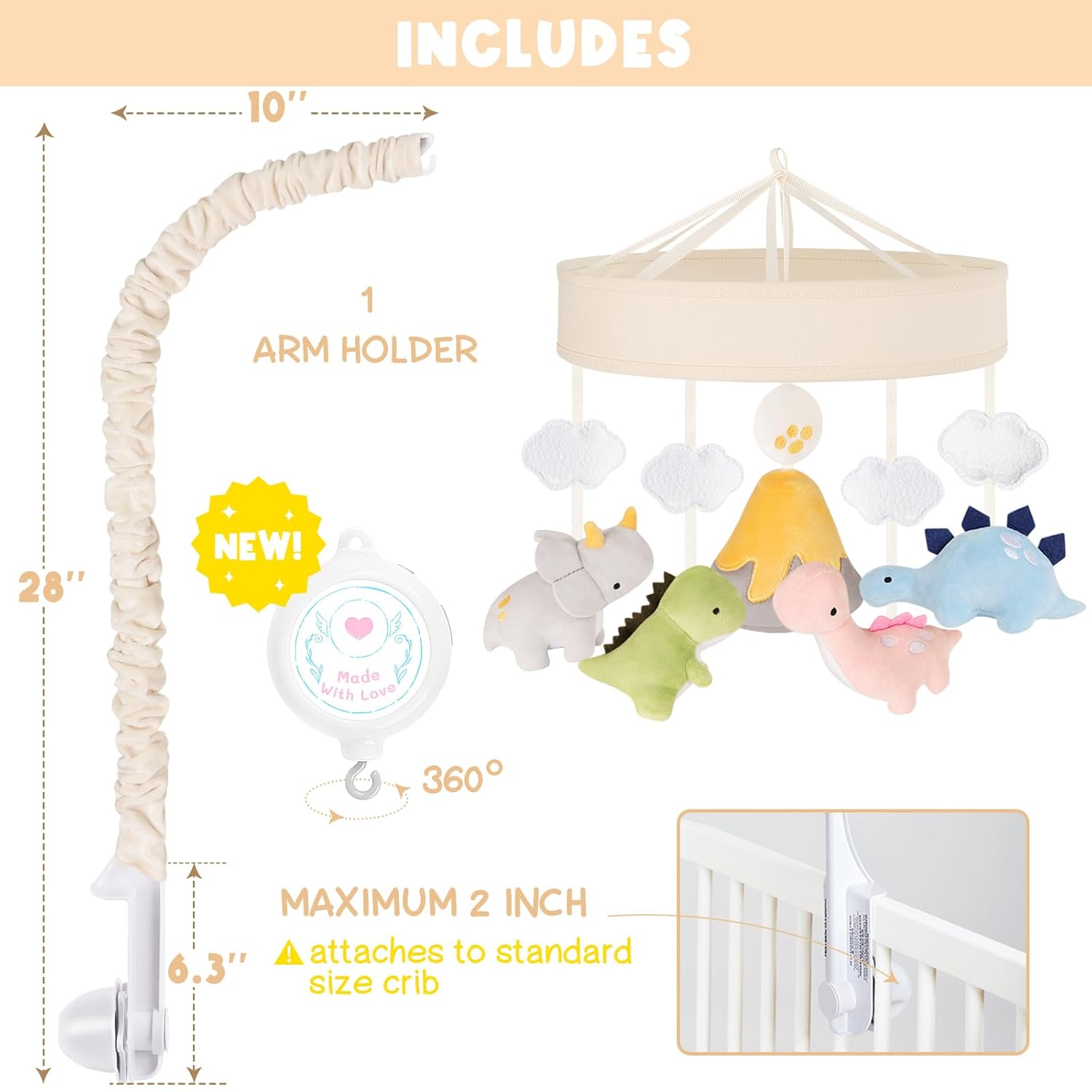 Dinosaur Crib Mobile – Beige Dino Baby Crib Mobile with 3-Mode Music Box, Nursery Mobile with