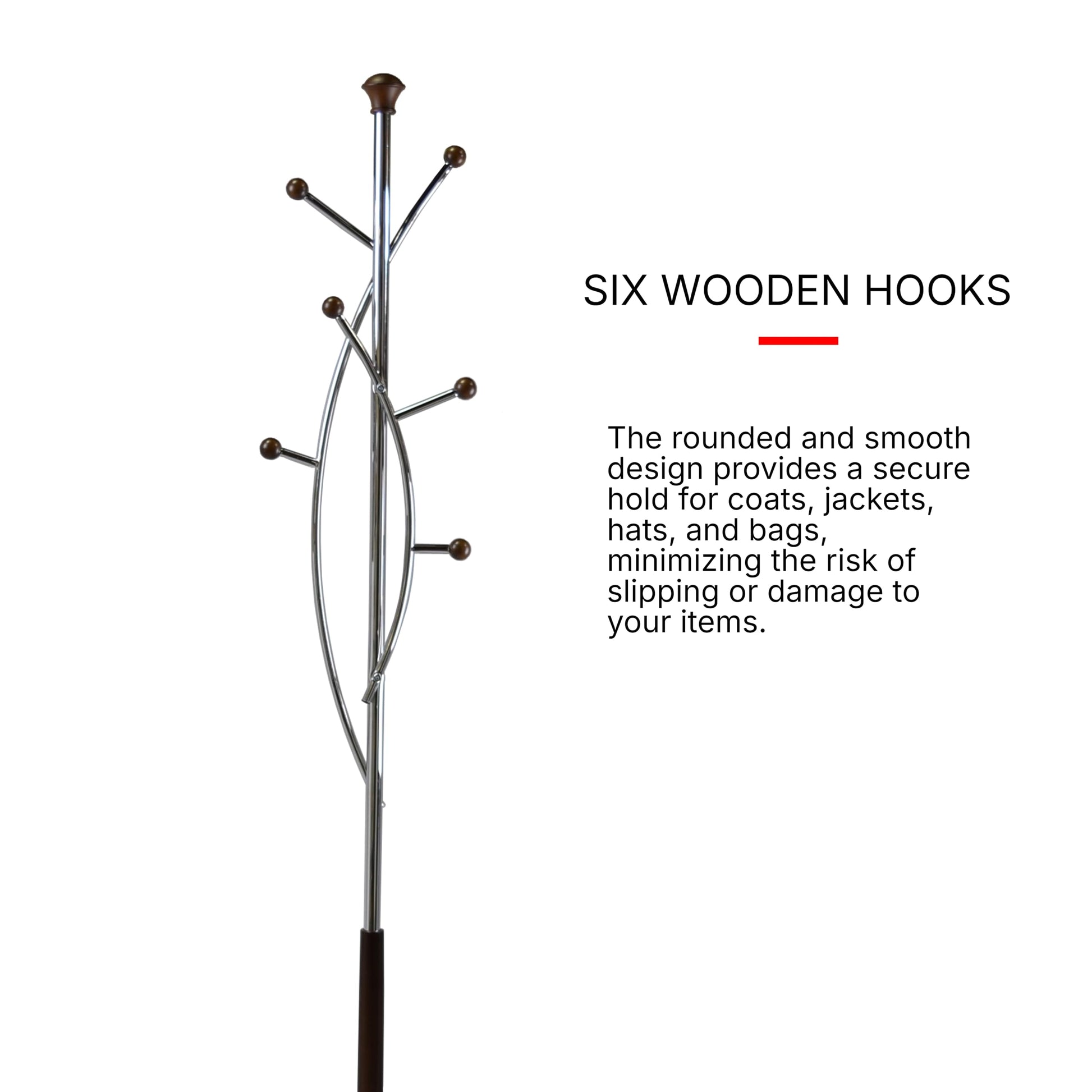 Proman Products Freestanding Modern Metal Coat Rack Tree Stand Organizer with 6 Wooden Hooks for