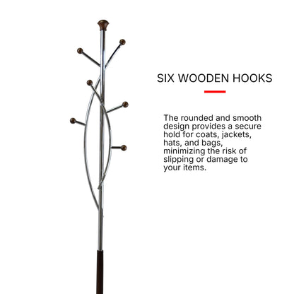 Proman Products Freestanding Modern Metal Coat Rack Tree Stand Organizer with 6 Wooden Hooks for