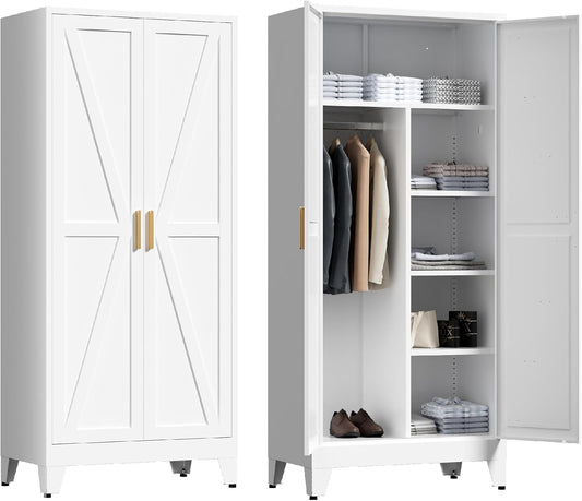 71'' Farmhouse Metal Wardrobe Cabinet with Hanging Rod, 2 Barn Door Wardrobe Closet with 5