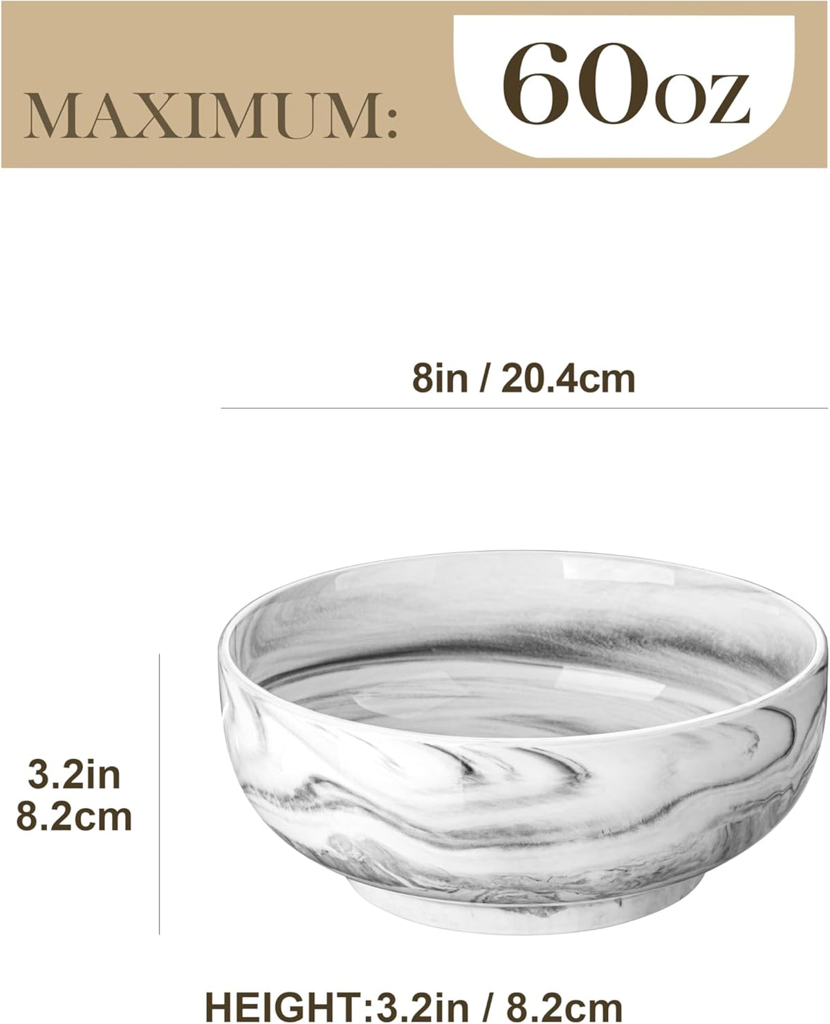 MALACASA Large Serving Bowls, 60 OZ (8'') Salad Bowls Set of 2, Ceramic Mixing Bowls for Kitchen