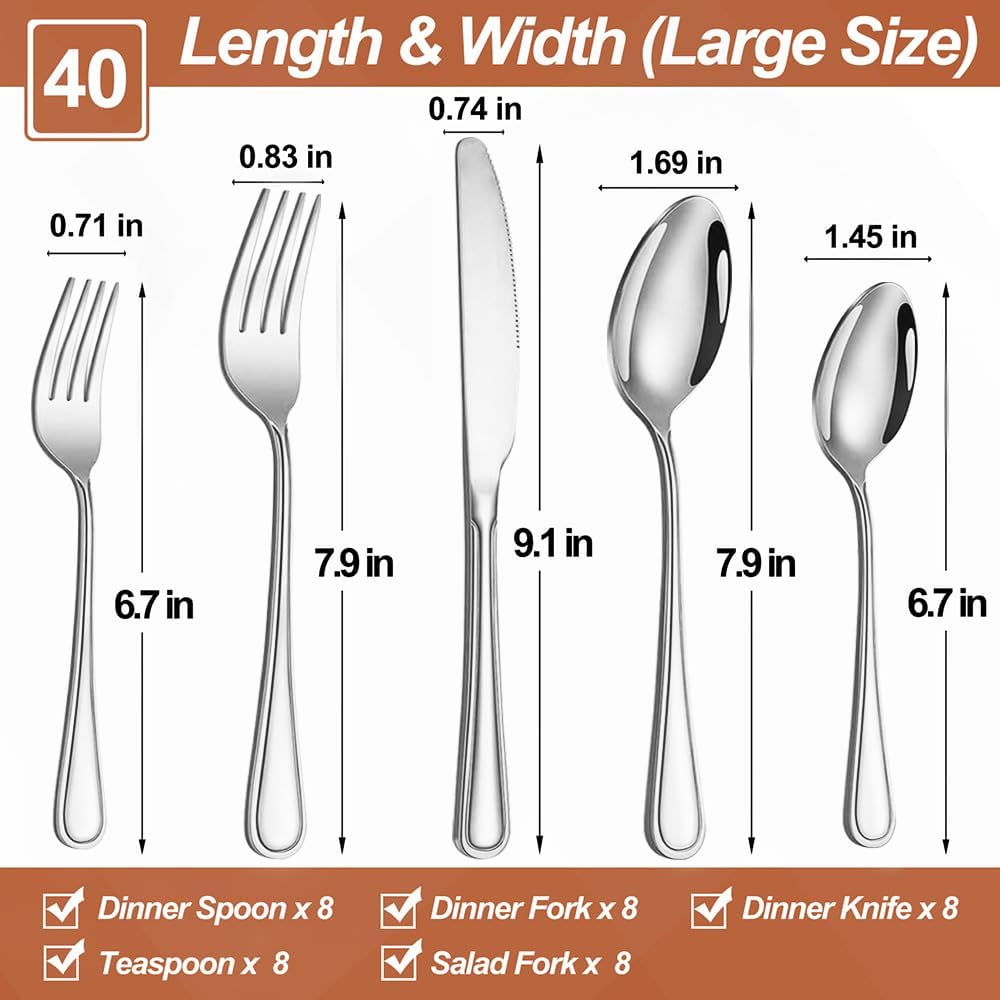 40 Pcs Silverware Set for 8 with Simple Striped Handle Design, Food Grade Stainless Steel Flatware