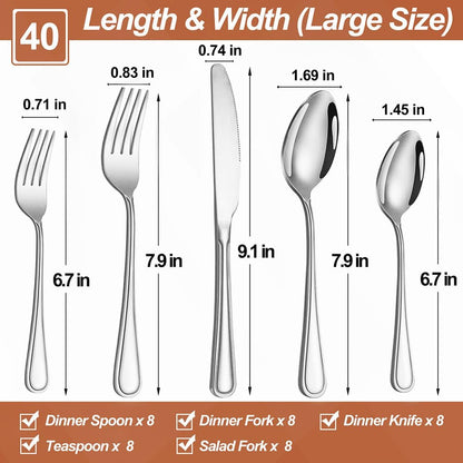 40 Pcs Silverware Set for 8 with Simple Striped Handle Design, Food Grade Stainless Steel Flatware