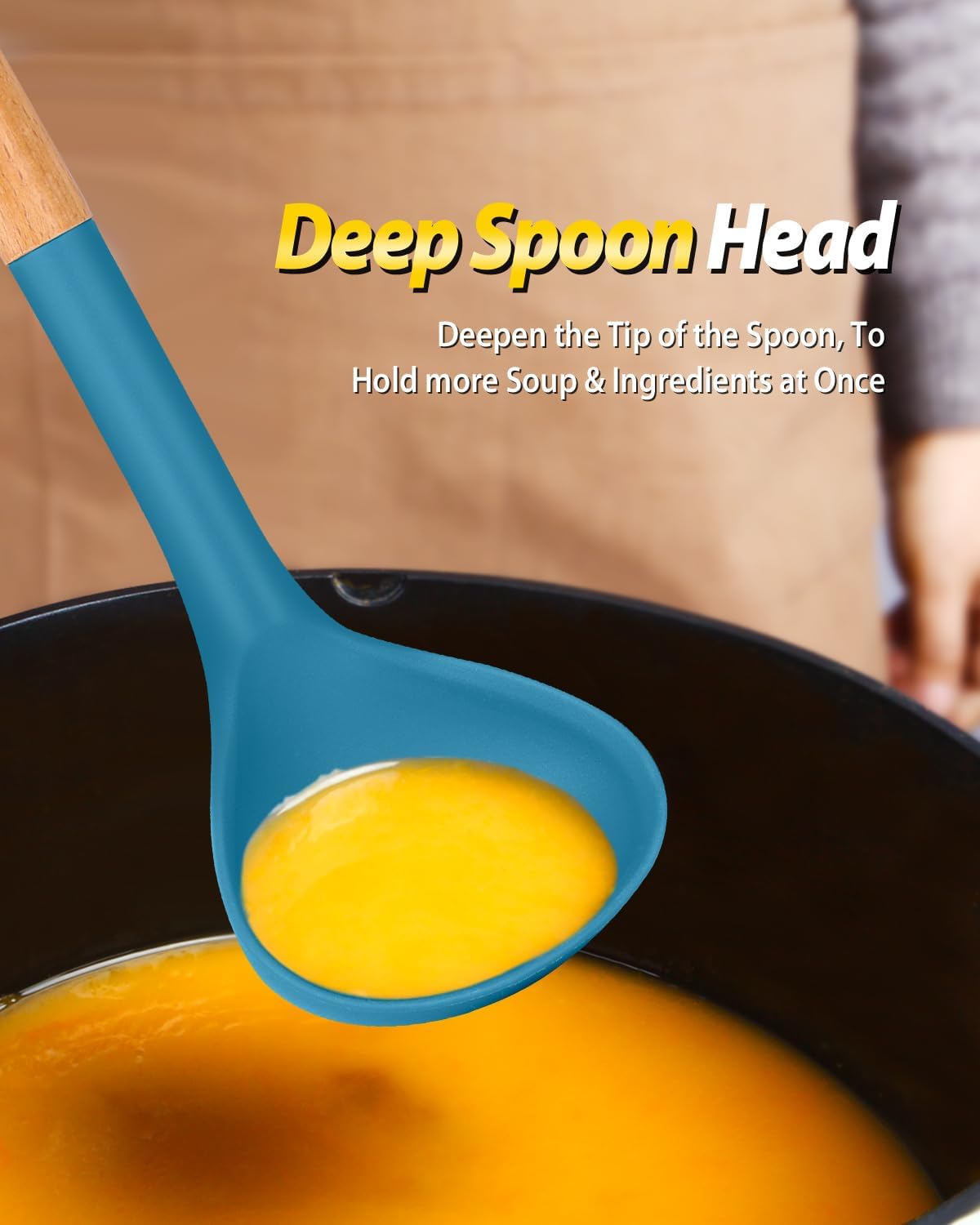 Silicone Pasta Fork and Ladle Spoon Set with Wooden Handle, Heat Resistant Non Stick Kitchen