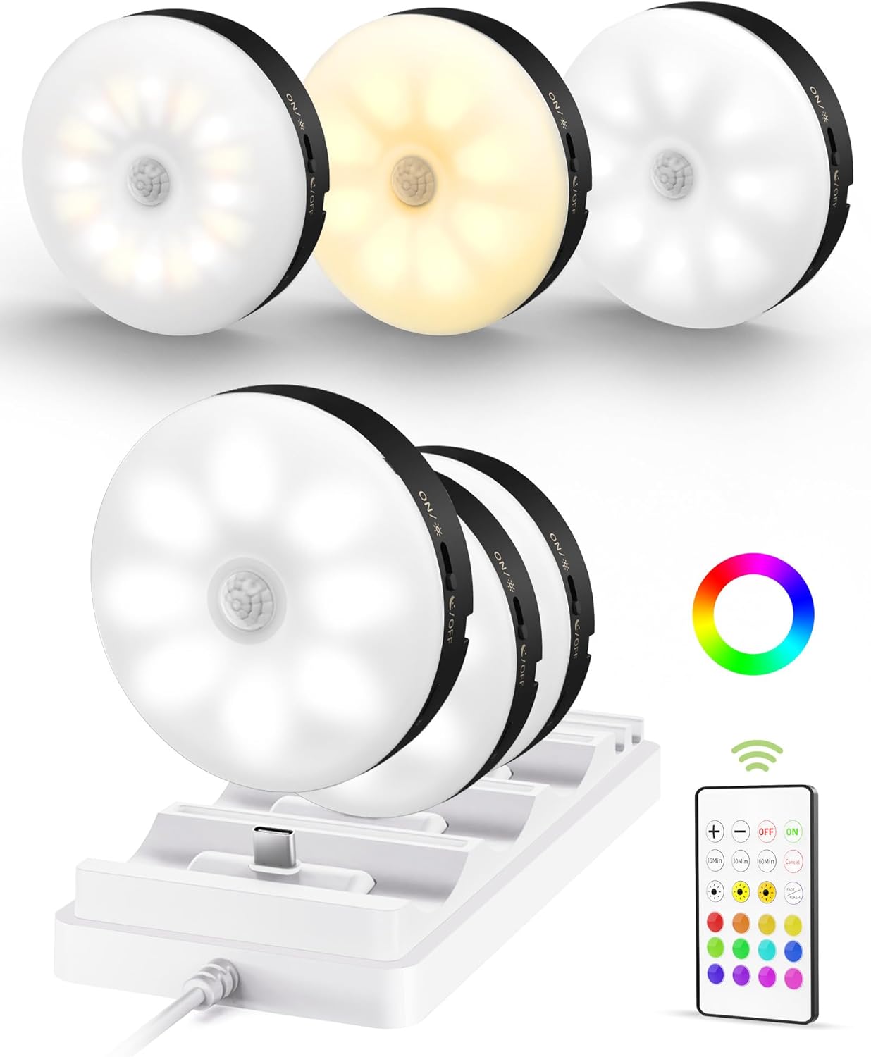EZVALO Under Cabinet Lighting with Charging Station,1000mAh Rechargeable Puck Lights with Remote, 3