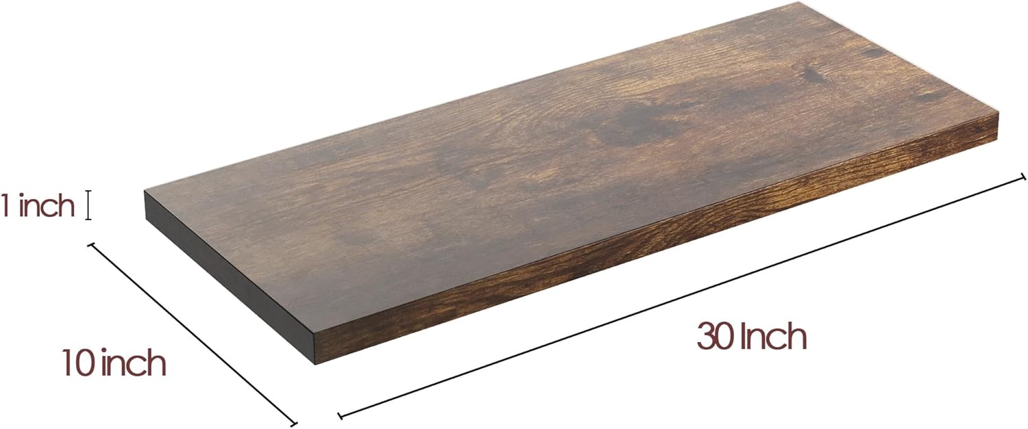 Wall Shelf Set of 2, Rustic Brown Floating Shelves 30 in W x 10 in D x 1 in H, Wooden Floating Wall