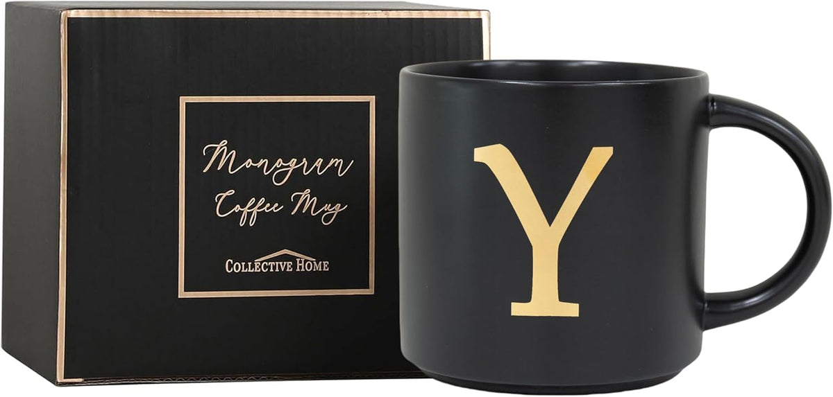 COLLECTIVE HOME - Monogram Ceramic Mugs, 15 oz Golden Initial Black Coffee Cups, Elegant Alphabet
