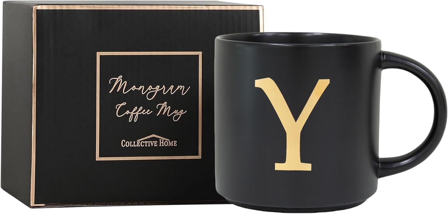 COLLECTIVE HOME - Monogram Ceramic Mugs, 15 oz Golden Initial Black Coffee Cups, Elegant Alphabet