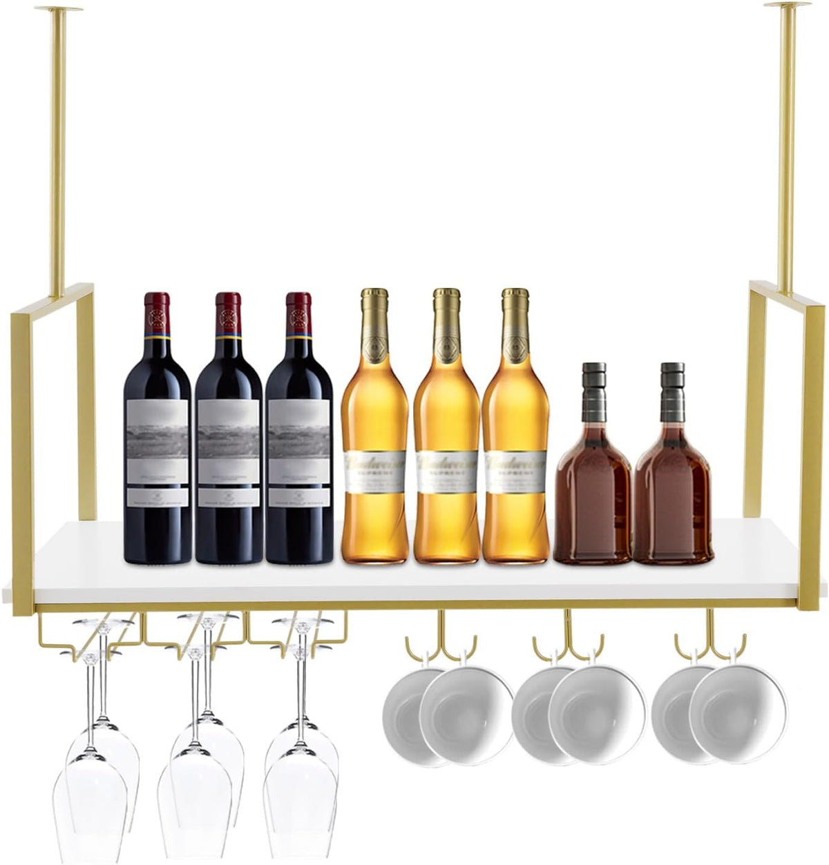 Hanging Wine Rack with Glass Holder Shelf Metal Ceiling Bar Wine Glass Rack Industrial Wall Mounted