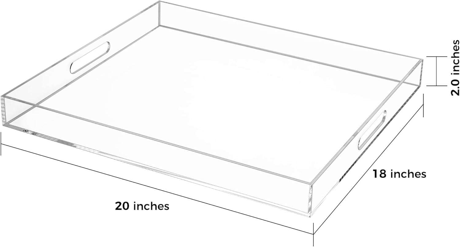 Clear Rectangular 18x20 Inches Acrylic Ottoman Tray Decorative Serving Tray with Cutout Handles