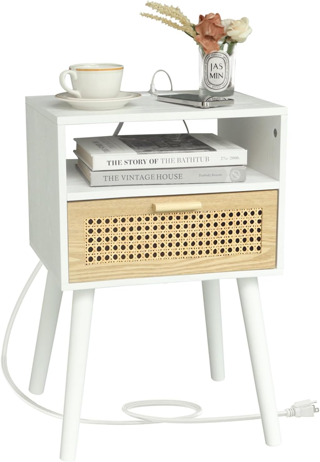 MaxSmeo Nightstand with Charging Station, Bedside Tables with Rattan Drawer, Mid Century Modern