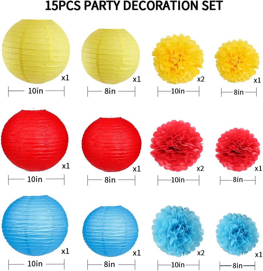 Carnival Circus Party Decorations, Red Yellow Blue Paper Lanterns and Pom Poms Flowers for Birthday